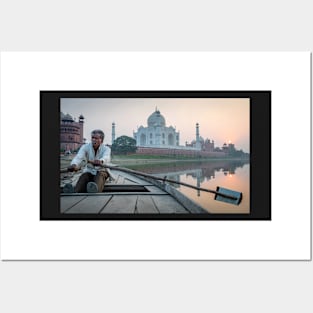 Man Rowing Boat on Yamuna River with Taj Mahal Posters and Art